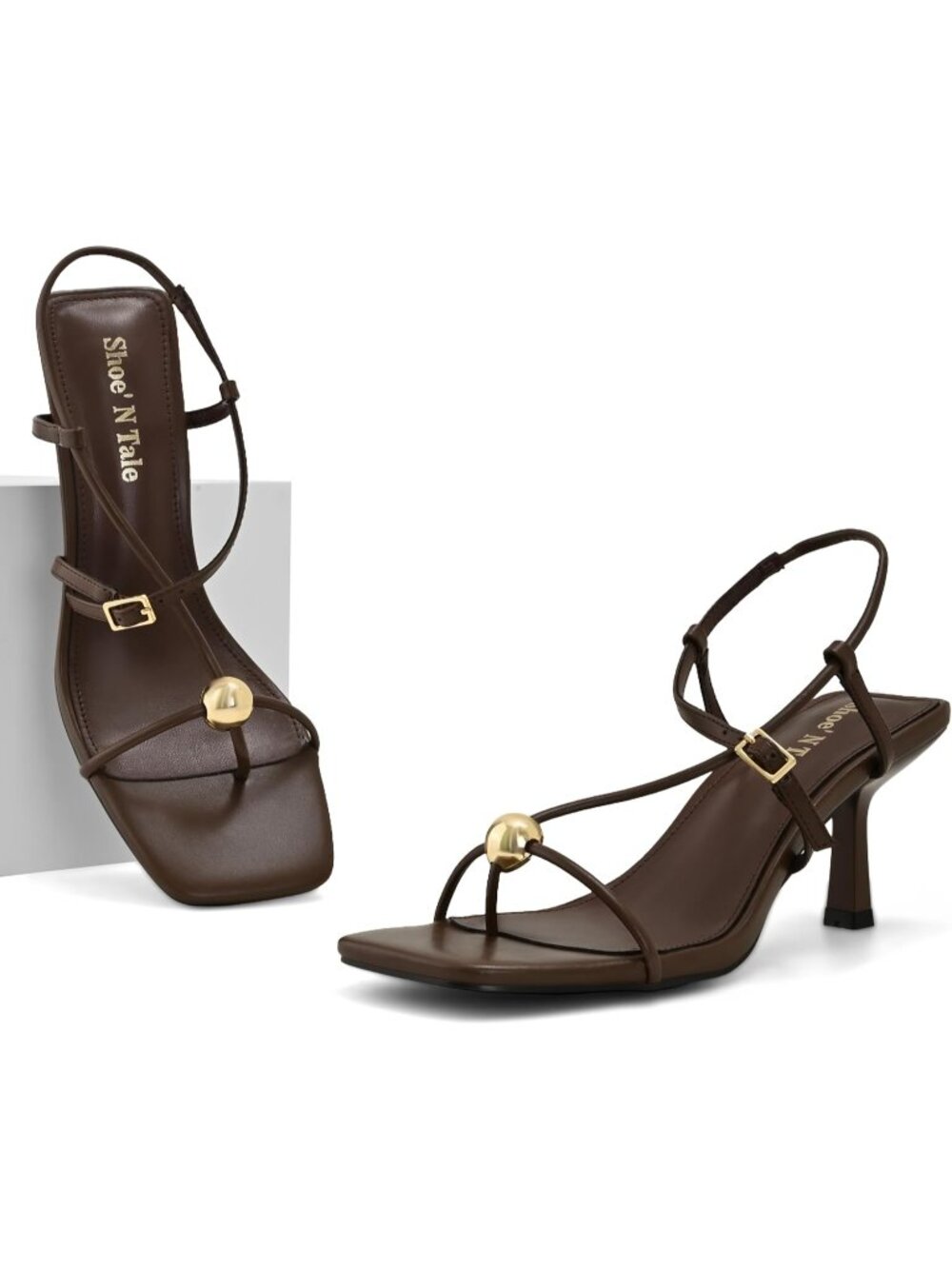 Women's Brown Kitten Heels Sandals Flip Flop Square Open Toe Strappy Ankle Strap - Picture 4 of 6